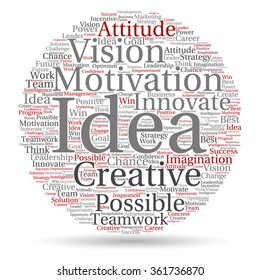 Concepto vectorial o abstracto conceptual de la nube de palabras de negocios creativas sobre fondo blanco, metáfora al trabajo en equipo, innovación, posible, creatividad, liderazgo, gestión, éxito, empresa, estrategia