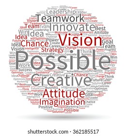Vector concept or conceptual abstract creative business word cloud on white background, metaphor to teamwork, innovation, possible, creativity, leadership, management, successful, corporate, strategy