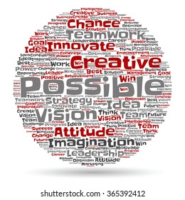 Vector concept or conceptual abstract creative business word cloud on white background, metaphor to teamwork, innovation, possible, creativity, leadership, management, successful, corporate, strategy
