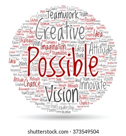 Vector concept or conceptual abstract creative business word cloud on white background, metaphor to teamwork, innovation, possible, creativity, leadership, management, successful, corporate, strategy