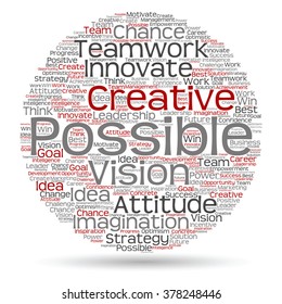 Vector concept or conceptual abstract creative business word cloud on white background, metaphor to teamwork, innovation, possible, creativity, leadership, management, successful, corporate, strategy