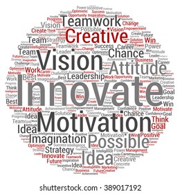 Vector concept or conceptual abstract creative business word cloud on white background, metaphor to teamwork, innovation, possible, creativity, leadership, management, successful, corporate, strategy