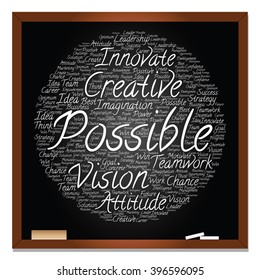 Vector concept or conceptual abstract creative business word cloud on black blackboard, metaphor to teamwork, innovation, possible, creativity, leadership, management, successful, corporate, strategy