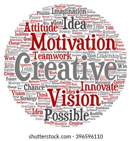 Vector concept or conceptual abstract creative business word cloud on white background, metaphor to teamwork, innovation, possible, creativity, leadership, management, successful, corporate, strategy