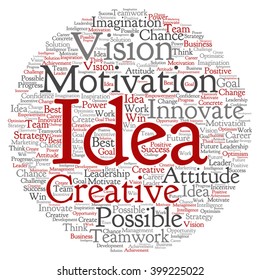 Concepto vectorial o abstracto conceptual de la nube de palabras de negocios creativas sobre fondo blanco, metáfora al trabajo en equipo, innovación, posible, creatividad, liderazgo, gestión, éxito, empresa, estrategia