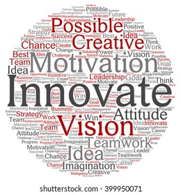 Vector concept or conceptual abstract creative business word cloud on white background, metaphor to teamwork, innovation, possible, creativity, leadership, management, successful, corporate, strategy