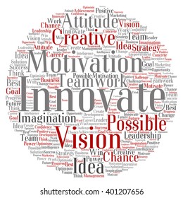 Vector concept or conceptual abstract creative business word cloud on white background, metaphor to teamwork, innovation, possible, creativity, leadership, management, successful, corporate, strategy