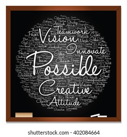 Vector concept or conceptual abstract creative business word cloud on black blackboard, metaphor to teamwork, innovation, possible, creativity, leadership, management, successful, corporate, strategy