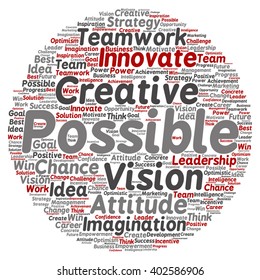 Vector concept or conceptual abstract creative business word cloud on white background, metaphor to teamwork, innovation, possible, creativity, leadership, management, successful, corporate, strategy