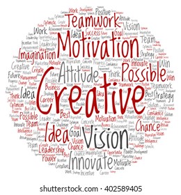 Vector concept or conceptual abstract creative business word cloud on white background, metaphor to teamwork, innovation, possible, creativity, leadership, management, successful, corporate, strategy