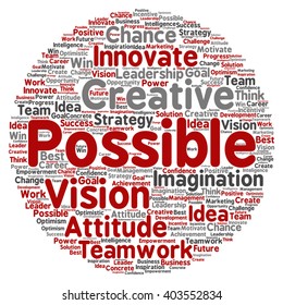 Vector concept or conceptual abstract creative business word cloud on white background, metaphor to teamwork, innovation, possible, creativity, leadership, management, successful, corporate, strategy