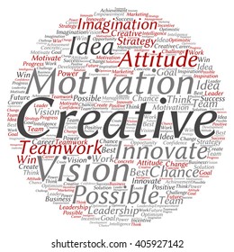 Vector concept or conceptual abstract creative business word cloud on white background, metaphor to teamwork, innovation, possible, creativity, leadership, management, successful, corporate, strategy