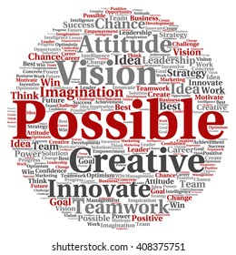 Vetor conceito ou abstrato conceitual criativo palavra de negócios nuvem no fundo branco, metáfora para o trabalho em equipe, inovação, possível, criatividade, liderança, gestão, bem-sucedido, corporativo, estratégia