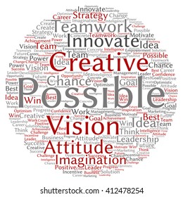 Vetor conceito ou abstrato conceitual criativo palavra de negócios nuvem no fundo branco, metáfora para o trabalho em equipe, inovação, possível, criatividade, liderança, gestão, bem-sucedido, corporativo, estratégia