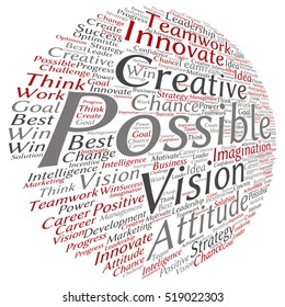 Vector concept or conceptual abstract creative business word cloud on white background metaphor to teamwork, innovation, possible, creativity, leadership, management, successful, corporate, strategy