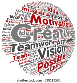 Vector concept or conceptual abstract creative business word cloud on white background, metaphor to teamwork, innovation, possible, creativity, leadership, management, successful, corporate, strategy