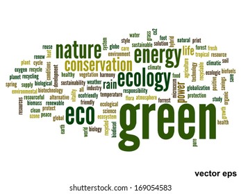 Vector concept or conceptual abstract green ecology and conservation word cloud text on white background, metaphor to environment, recycle, earth, alternative, protection, energy, eco friendly or bio