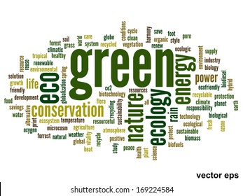Vector concept or conceptual abstract green ecology and conservation word cloud text on white background, metaphor to environment, recycle, earth, alternative, protection, energy, eco friendly or bio