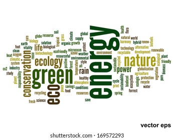 Vektor-Konzept oder konzeptionell abstrakte grüne Ökologie und Konservierungswortwolke auf weißem Hintergrund, Metapher für Umwelt, Recycling, Erde, Alternative, Schutz, Energie, umweltfreundlich oder bio