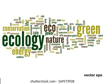 Concepto vectorial o ecología verde abstracta conceptual y conservación palabra en nube texto sobre fondo blanco, metáfora al medio ambiente, reciclar, tierra, alternativa, protección, energía, eco-amigable o bio