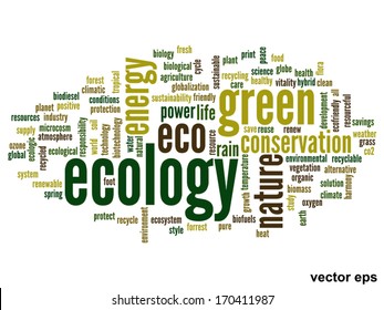 Vector concept or conceptual abstract green ecology and conservation word cloud text on white background, metaphor to environment, recycle, earth, alternative, protection, energy, eco friendly or bio