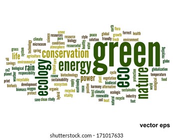 Vector concept or conceptual abstract green ecology and conservation word cloud text on white background, metaphor to environment, recycle, earth, alternative, protection, energy, eco friendly or bio