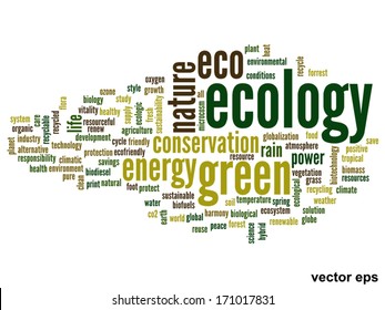 Vector concept or conceptual abstract green ecology and conservation word cloud text on white background, metaphor to environment, recycle, earth, alternative, protection, energy, eco friendly or bio