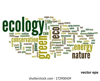 Vector concept or conceptual abstract green ecology and conservation word cloud text on white background, metaphor to environment, recycle, earth, alternative, protection, energy, eco friendly or bio