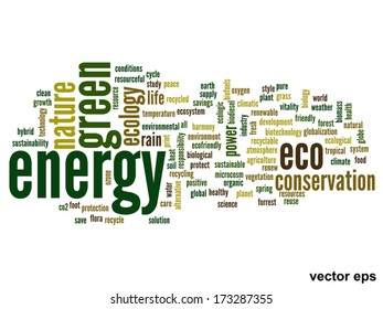 Vector concept or conceptual abstract green ecology and conservation word cloud text on white background, metaphor to environment, recycle, earth, alternative, protection, energy, eco friendly or bio