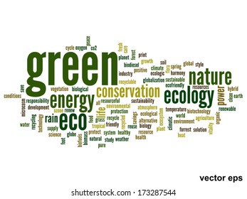 Vektor-Konzept oder konzeptionell abstrakte grüne Ökologie und Konservierungswortwolke auf weißem Hintergrund, Metapher für Umwelt, Recycling, Erde, Alternative, Schutz, Energie, umweltfreundlich oder bio