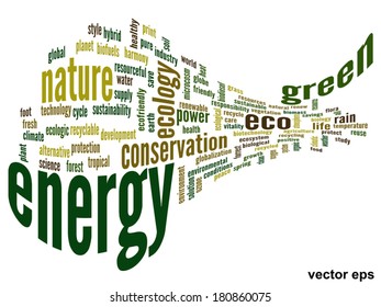 Concepto vectorial o ecología verde abstracta conceptual y conservación palabra en nube texto sobre fondo blanco, metáfora al medio ambiente, reciclar, tierra, alternativa, protección, energía, eco-amigable o bio