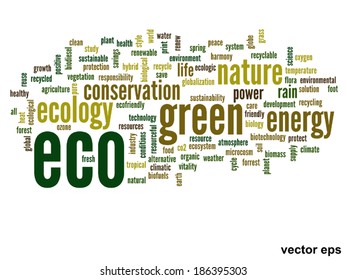 Vector concept or conceptual abstract green ecology and conservation word cloud text on white background, metaphor to environment, recycle, earth, alternative, protection, energy, eco friendly or bio