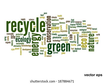 Vector concept or conceptual abstract green ecology and conservation word cloud text on white background, metaphor to environment, recycle, earth, alternative, protection, energy, eco friendly or bio