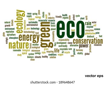 Concepto vectorial o ecología verde abstracta conceptual y conservación palabra en nube texto sobre fondo blanco, metáfora al medio ambiente, reciclar, tierra, alternativa, protección, energía, eco-amigable o bio