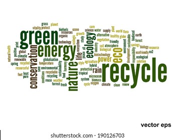 Concepto vectorial o ecología verde abstracta conceptual y conservación palabra en nube texto sobre fondo blanco, metáfora al medio ambiente, reciclar, tierra, alternativa, protección, energía, eco-amigable o bio