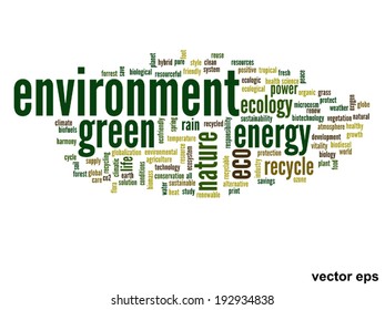 Concepto vectorial o ecología verde abstracta conceptual y conservación palabra en nube texto sobre fondo blanco, metáfora al medio ambiente, reciclar, tierra, alternativa, protección, energía, eco-amigable o bio