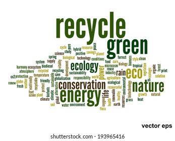 Vector concept or conceptual abstract green ecology and conservation word cloud text on white background, metaphor to environment, recycle, earth, alternative, protection, energy, eco friendly or bio