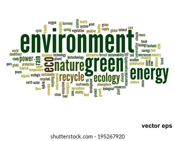 Concepto vectorial o ecología verde abstracta conceptual y conservación palabra en nube texto sobre fondo blanco, metáfora al medio ambiente, reciclar, tierra, alternativa, protección, energía, eco-amigable o bio