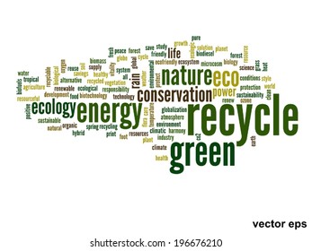 Vector concept or conceptual abstract green ecology and conservation word cloud text on white background, metaphor to environment, recycle, earth, alternative, protection, energy, eco friendly or bio