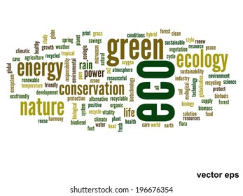 Vector concept or conceptual abstract green ecology and conservation word cloud text on white background, metaphor to environment, recycle, earth, alternative, protection, energy, eco friendly or bio