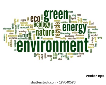 Concepto vectorial o ecología verde abstracta conceptual y conservación palabra en nube texto sobre fondo blanco, metáfora al medio ambiente, reciclar, tierra, alternativa, protección, energía, eco-amigable o bio