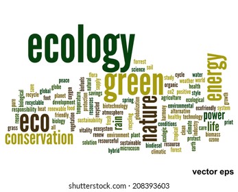 Concepto vectorial o ecología verde abstracta conceptual y conservación palabra en nube texto sobre fondo blanco, metáfora al medio ambiente, reciclar, tierra, alternativa, protección, energía, eco-amigable o bio