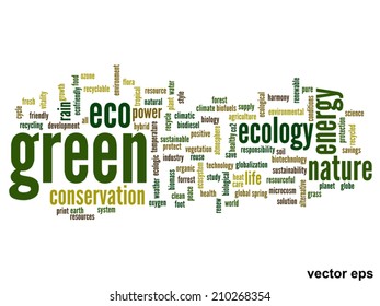 Vector concept or conceptual abstract green ecology and conservation word cloud text on white background, metaphor to environment, recycle, earth, alternative, protection, energy, eco friendly or bio