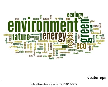 Concepto vectorial o ecología verde abstracta conceptual y conservación palabra en nube texto sobre fondo blanco, metáfora al medio ambiente, reciclar, tierra, alternativa, protección, energía, eco-amigable o bio