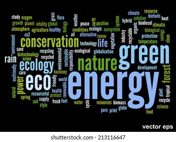 Vector concept or conceptual abstract green ecology and conservation word cloud text on black background, metaphor to environment, recycle, earth, alternative, protection, energy, eco friendly or bio