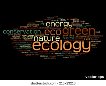Vector concept or conceptual abstract green ecology and conservation word cloud text on black background, metaphor to environment, recycle, earth, alternative, protection, energy, eco friendly or bio