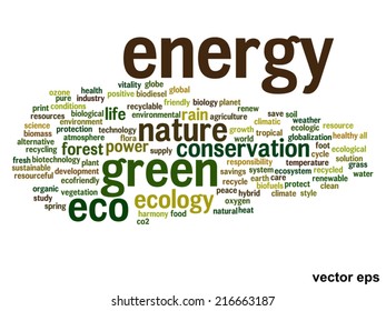 Concepto vectorial o ecología verde abstracta conceptual y conservación palabra en nube texto sobre fondo blanco, metáfora al medio ambiente, reciclar, tierra, alternativa, protección, energía, eco-amigable o bio
