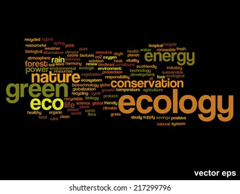 Concepto vectorial o ecología verde abstracta conceptual y conservación palabra texto en nube sobre fondo negro, metáfora al medio ambiente, reciclar, tierra, alternativa, protección, energía, eco-amigable o bio