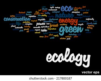 Vektor-Konzept oder konzeptionell abstrakte grüne Ökologie und Konservierungswortwolke auf schwarzem Hintergrund, Metapher für Umwelt, Recycling, Erde, Alternative, Schutz, Energie, umweltfreundlich oder bio