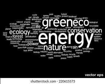 Vektor-Konzept oder konzeptionell abstrakte grüne Ökologie und Konservierungswortwolke auf schwarzem Hintergrund, Metapher für Umwelt, Recycling, Erde, Alternative, Schutz, Energie, umweltfreundlich oder bio